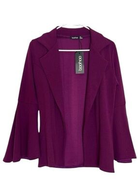 NWT Boohoo Heather Oversized Flare Sleeve Blazer Plum Open Front Size 4